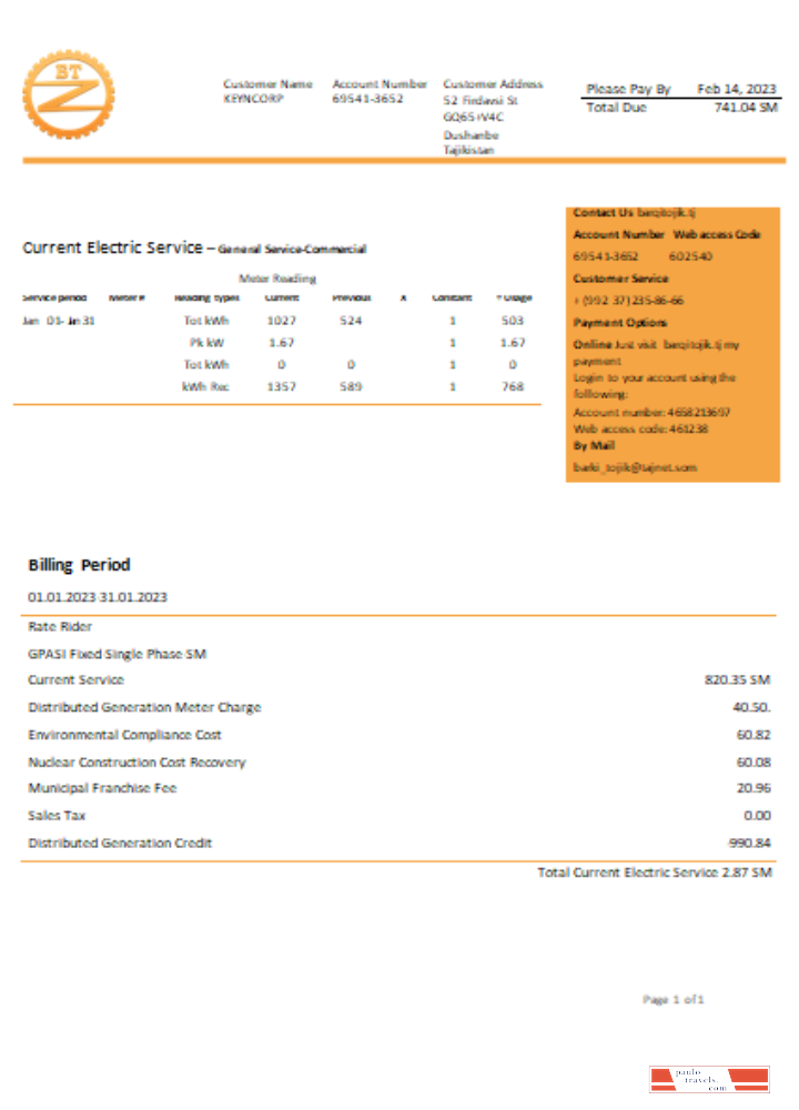 Barqi Tojik Company  electricity business bill,  SCR PSD template
